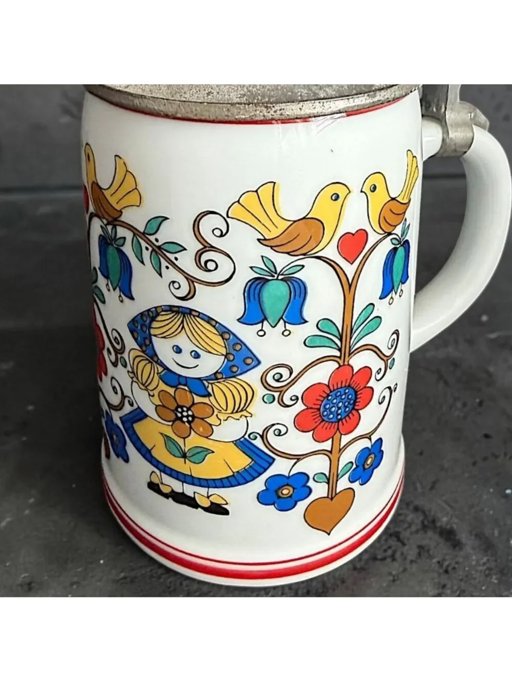 Vintage 1970s Rastal Grenzhausen German Beer Stein Pewter Lid Folk Art